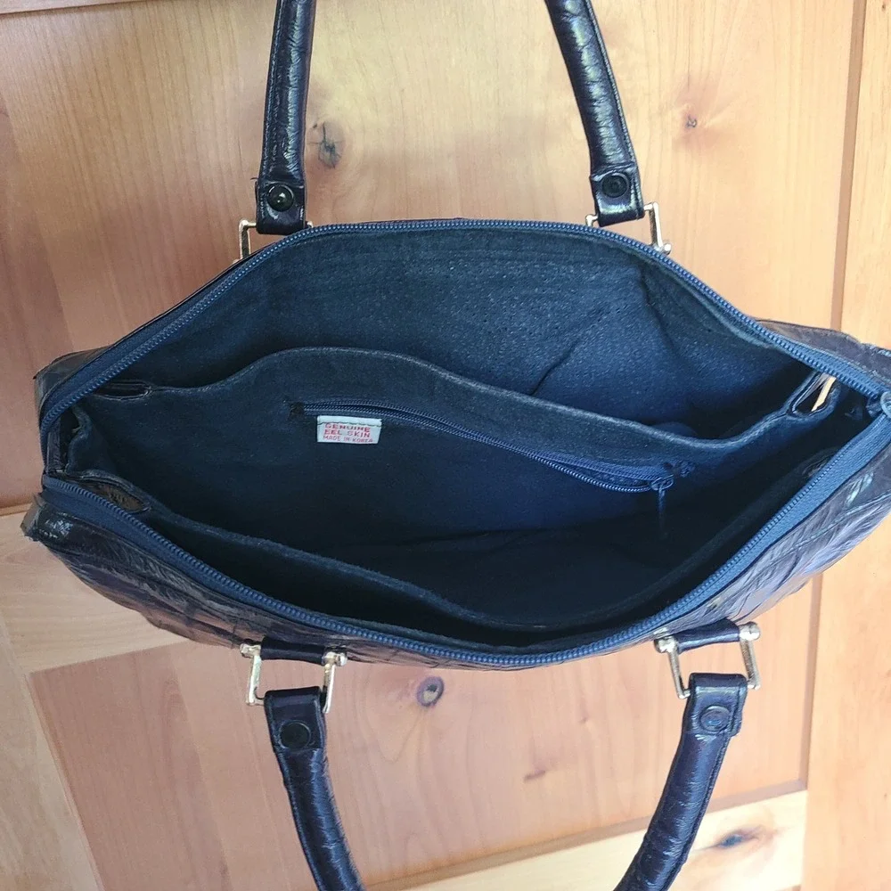 Vintage Navy Blue Eel Skin Leather Satchel Handbag Quiet Luxury Old Money Office
